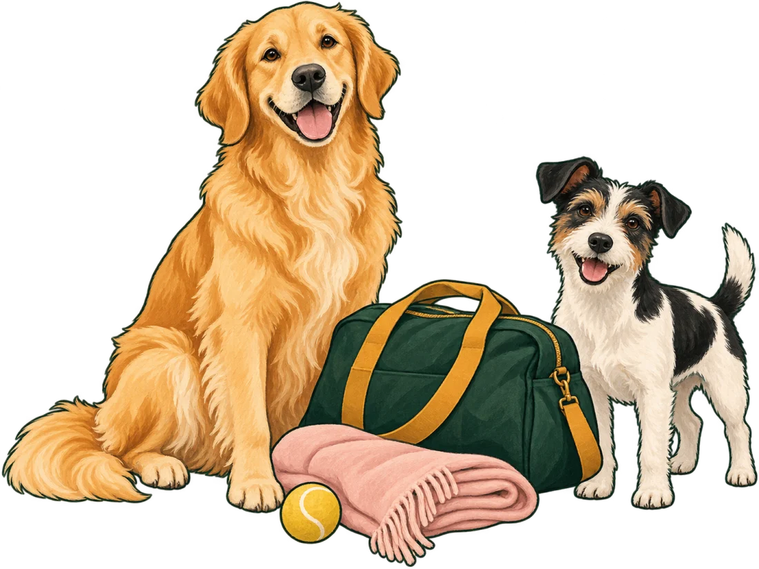 A golden retriever and a small terrier beside an overnight bag